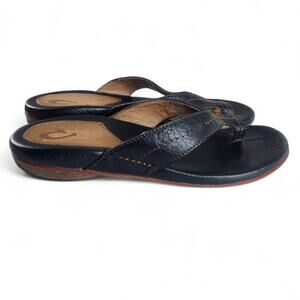 OluKai Black Leather Toe Loop Slide Sandals Women’s 10W Wide Comfort Y2K Flip